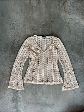 Vintage Dynamite Cream Crochet V-Neck Long Sleeve Shirt